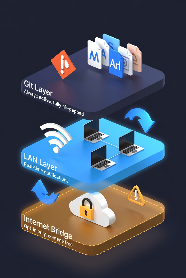 Three transport layers — Git, LAN, Internet Bridge