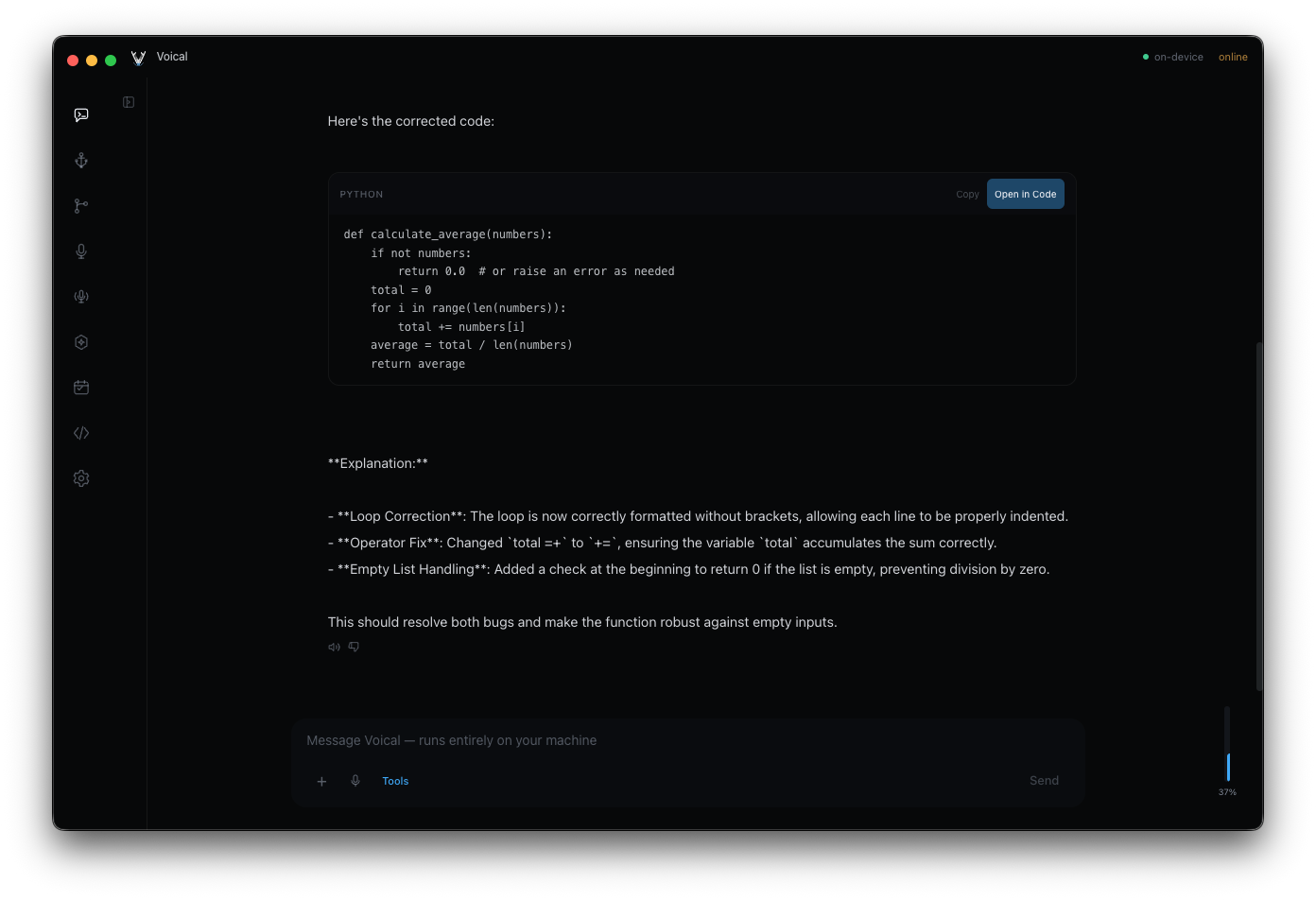 Voical code fix with explanation